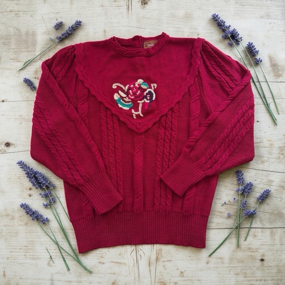 Vintage 80s Worthington Red Cable Knit Ruffle Yoke Embroidered Rose Sweater M